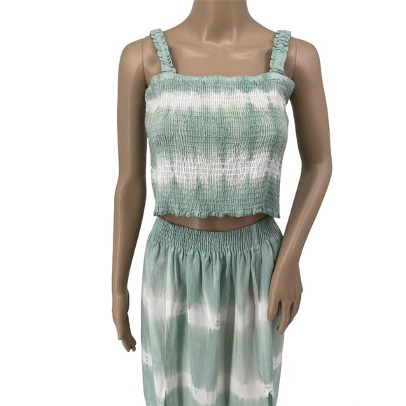 Ananta crop top maxi skirt small 2 piece set tie dye green white smocked - Picture 2 of 12